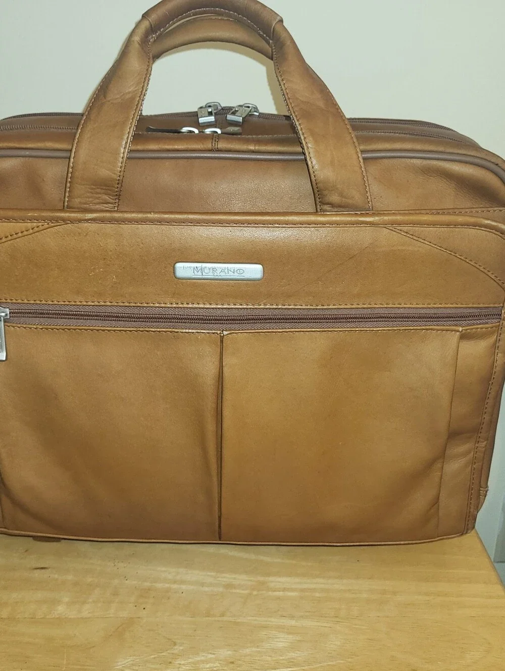 Murano Tan Leather Laptop Briefcase with Front Pockets. Wheeled.